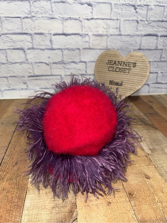 Rabbit Hair Red Hat with Purple Ostrich Plume - Pop of Red Bollywood Style main image 6